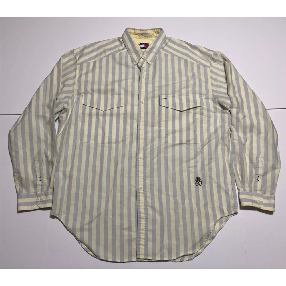 Vtg 90 Tommy Hilfiger Big Crest Bootleg Button Up